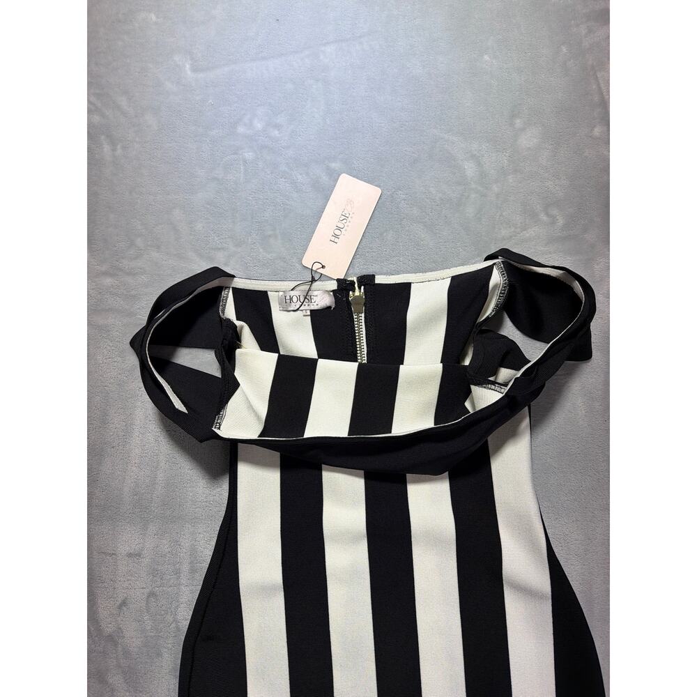 NWT House of CB Black & White Striped Off-Shoulder Bandage Bodycon Dress S - Picture 2 of 5